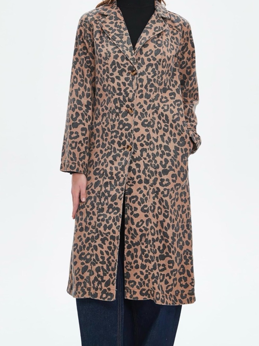 Leopard Print Denim Long Button Trench- Brown & Black